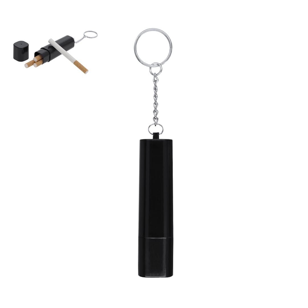 A black Jiyane keyring tobacco case with a keyring attachment, featuring a cylindrical design and a removable cap. Jiyane Keyring Tobacco Case - Image 1