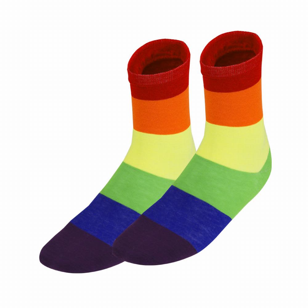 A pair of colourful socks featuring stripes in red, orange, yellow, green, blue, and purple. Tarox - Image 1