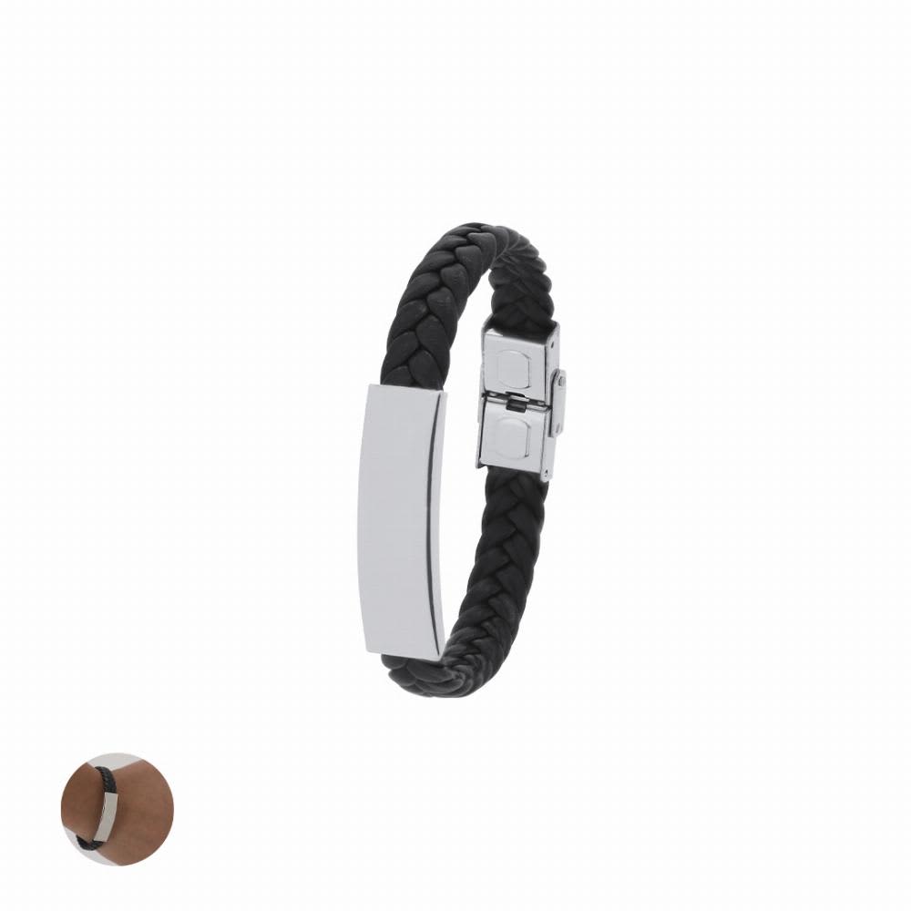 A black braided leather bracelet with a silver metal clasp and a polished silver plate. Mubark - Image 1