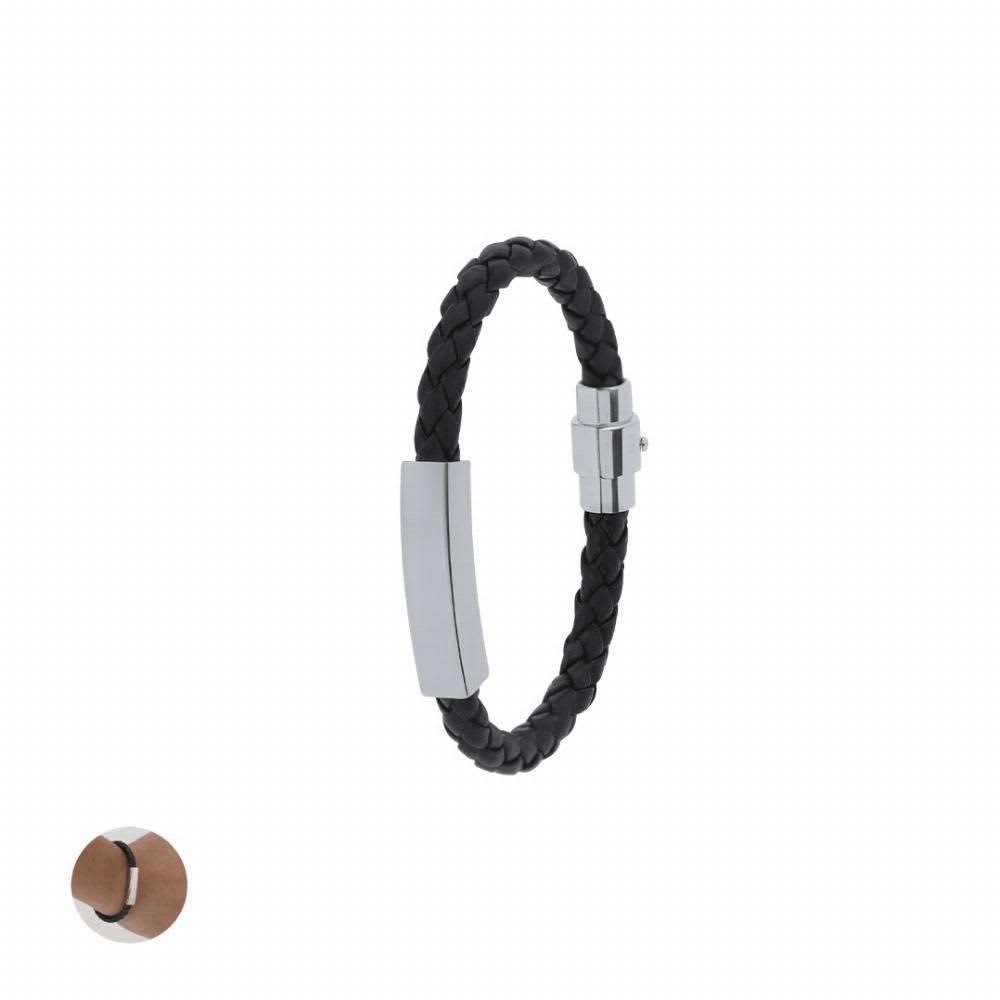 A bracelet featuring braided black leather and a silver metal clasp. Includes a circular wooden piece. Karasef - Image 1