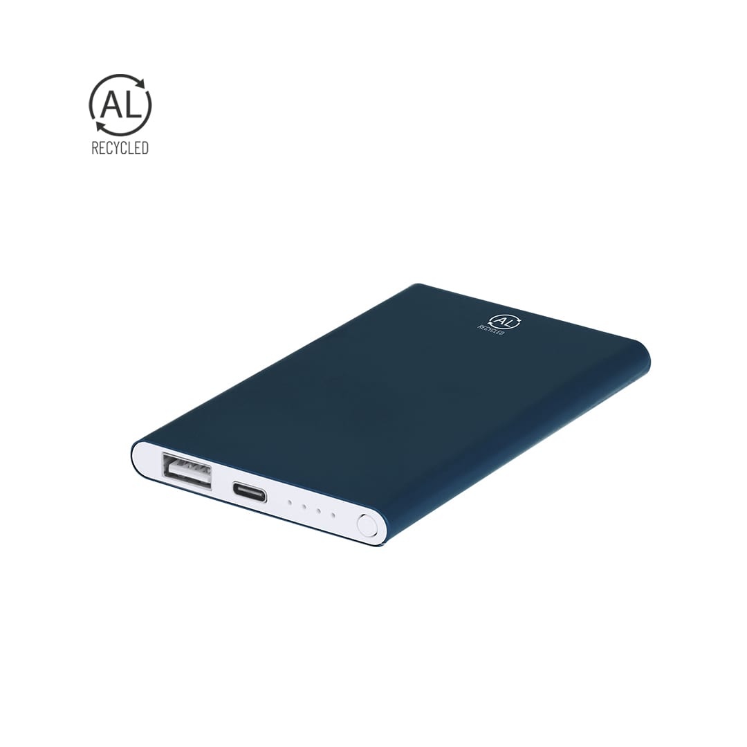 A dark teal power bank with a USB and USB-C port, featuring a logo and indicator lights. Backen Power Bank - Image 1