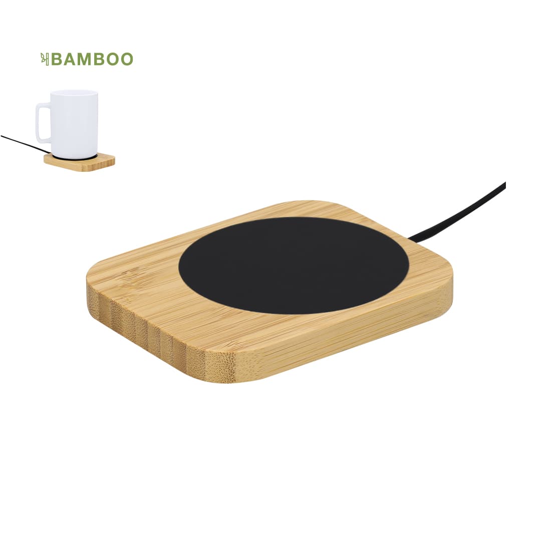 A bamboo cup warmer with a black heating surface and a power cord, designed for keeping drinks warm. Zobil Cup Warmer - Image 1