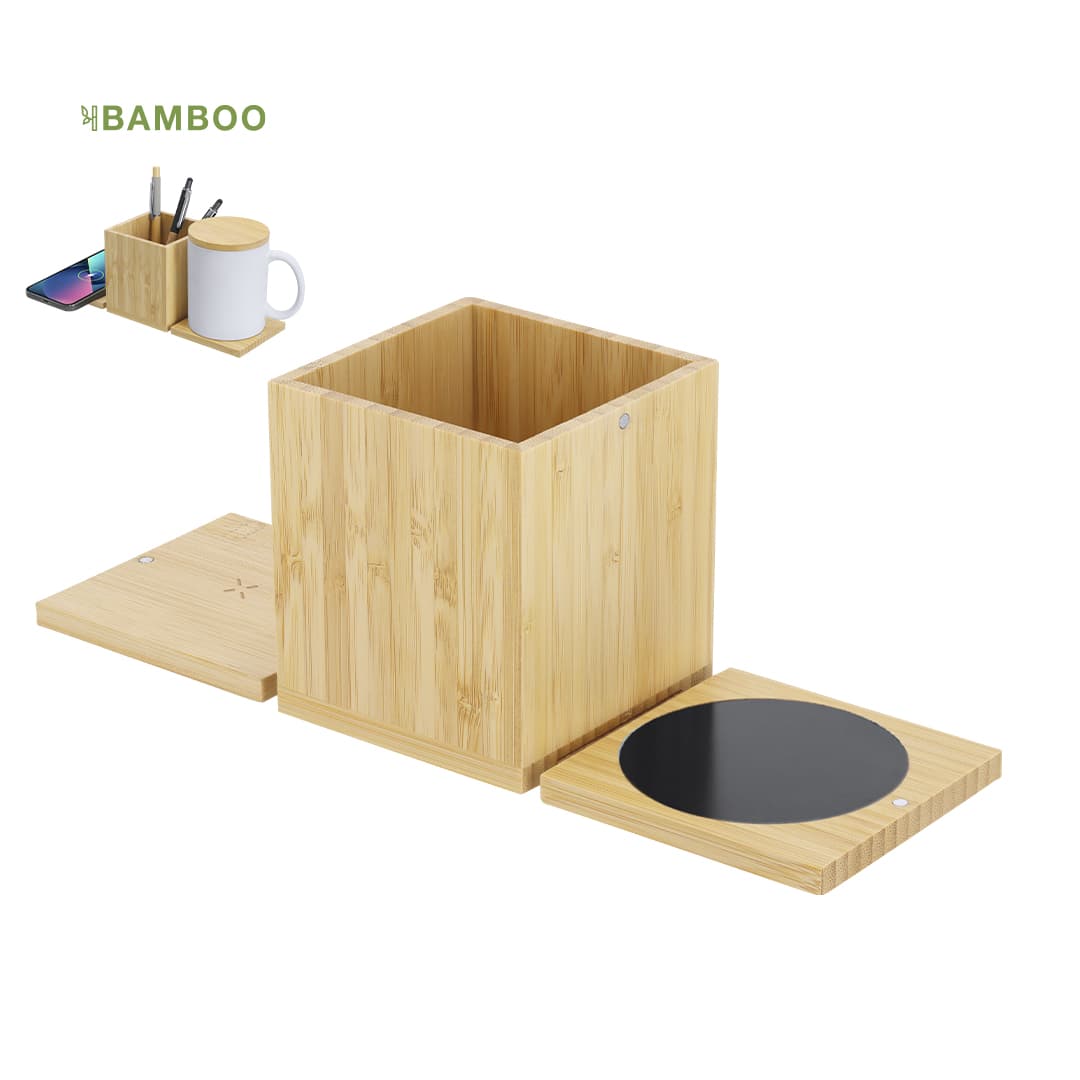 A bamboo multifunction pencil holder with compartments for pens, a cup, and a wireless charger on top. Deblik Multifunction Pencil Holder - Image 1