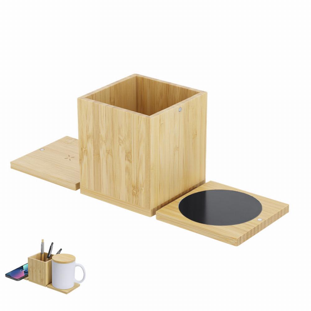 A bamboo storage box with a removable lid and a circular black section, designed for organising items. Deblik - Image 1