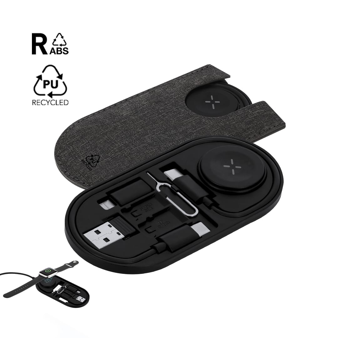 A charging cable set in a dark grey case, featuring various charging connectors and a logo. Nebrex Charging Cable Set - Image 1