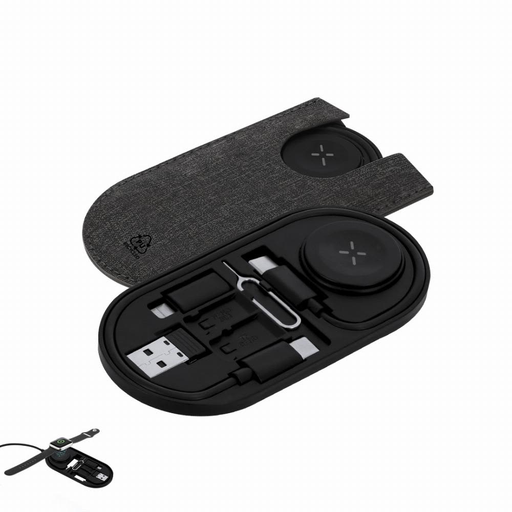 A sleek black charging kit featuring a wireless charger, USB cables, and a SIM card ejector, encased in a fabric cover. Nebrex - Image 1