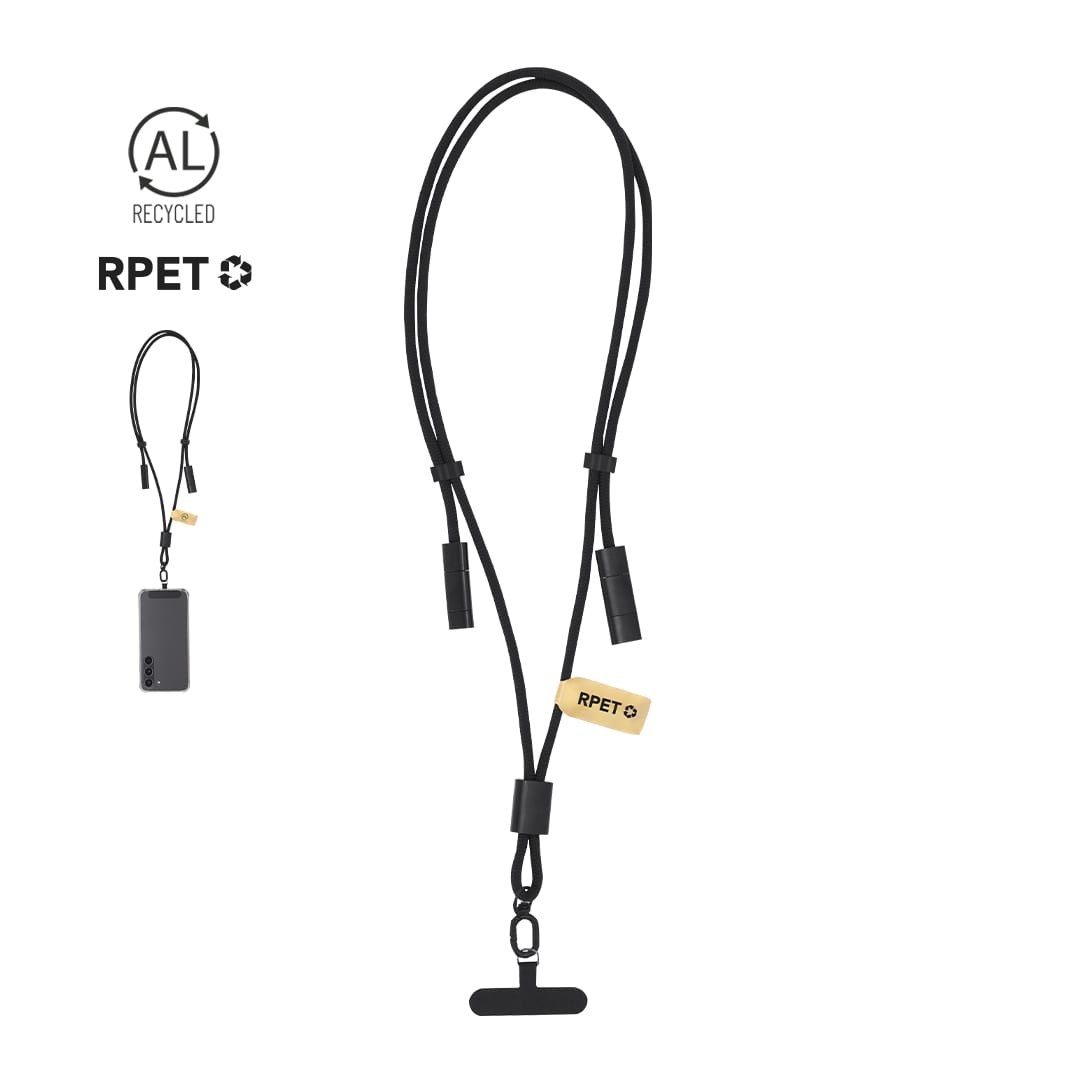 A black charging cable with a lanyard-style holder, featuring a recyclable tag and logo. Tebrer Holder Charging Cable - Image 1