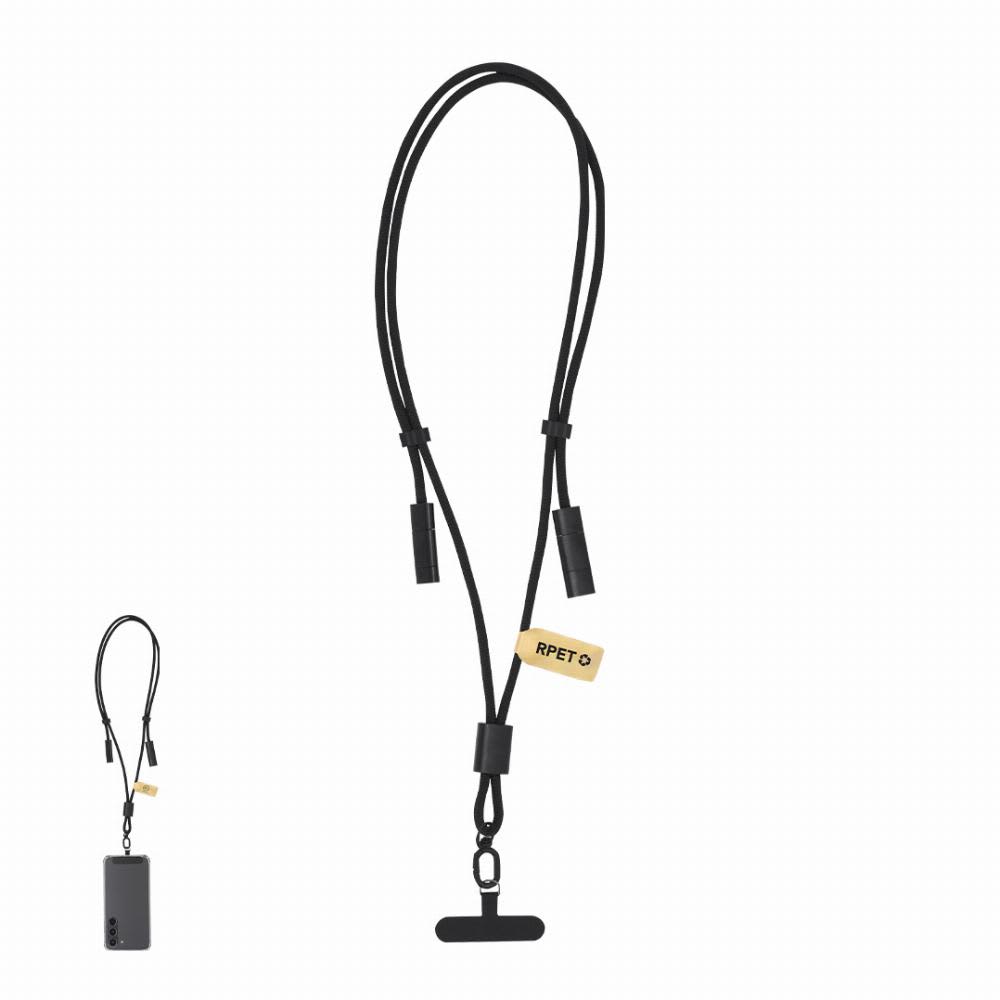 A black lanyard with adjustable cords and two connectors. It has a tag featuring a logo. Tebrer - Image 1