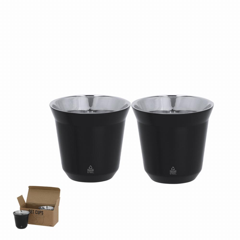 A set of two black drink cups with a shiny silver interior, displayed with their packaging box. Kodet - Image 1