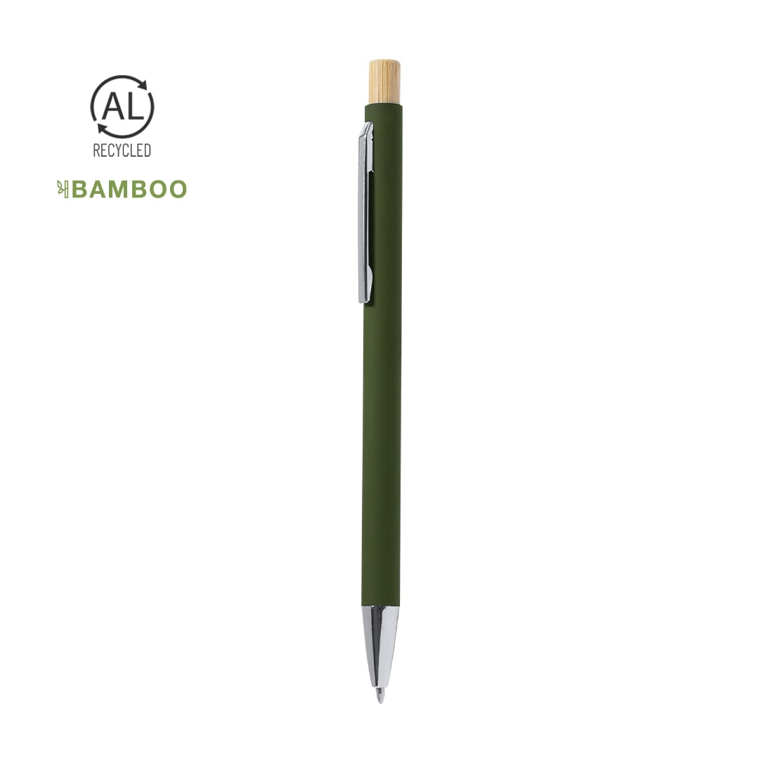 A green metal pen with a bamboo top and a silver clip, featuring a branding logo. Kosif Pen - Image 1