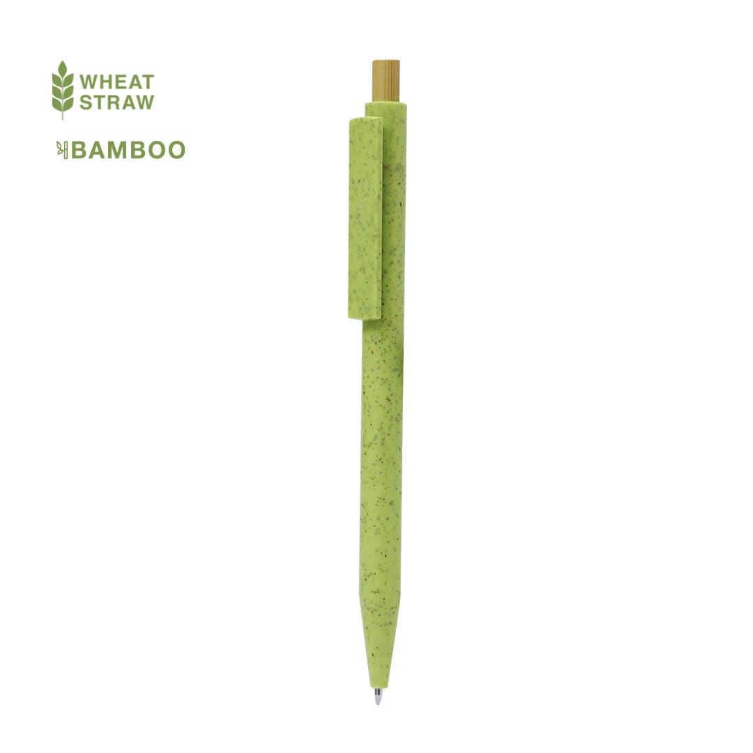 A green pen made from wheat straw and bamboo, featuring a clip and natural wood details. Includes a brand logo. Tarflex Pen - Image 1