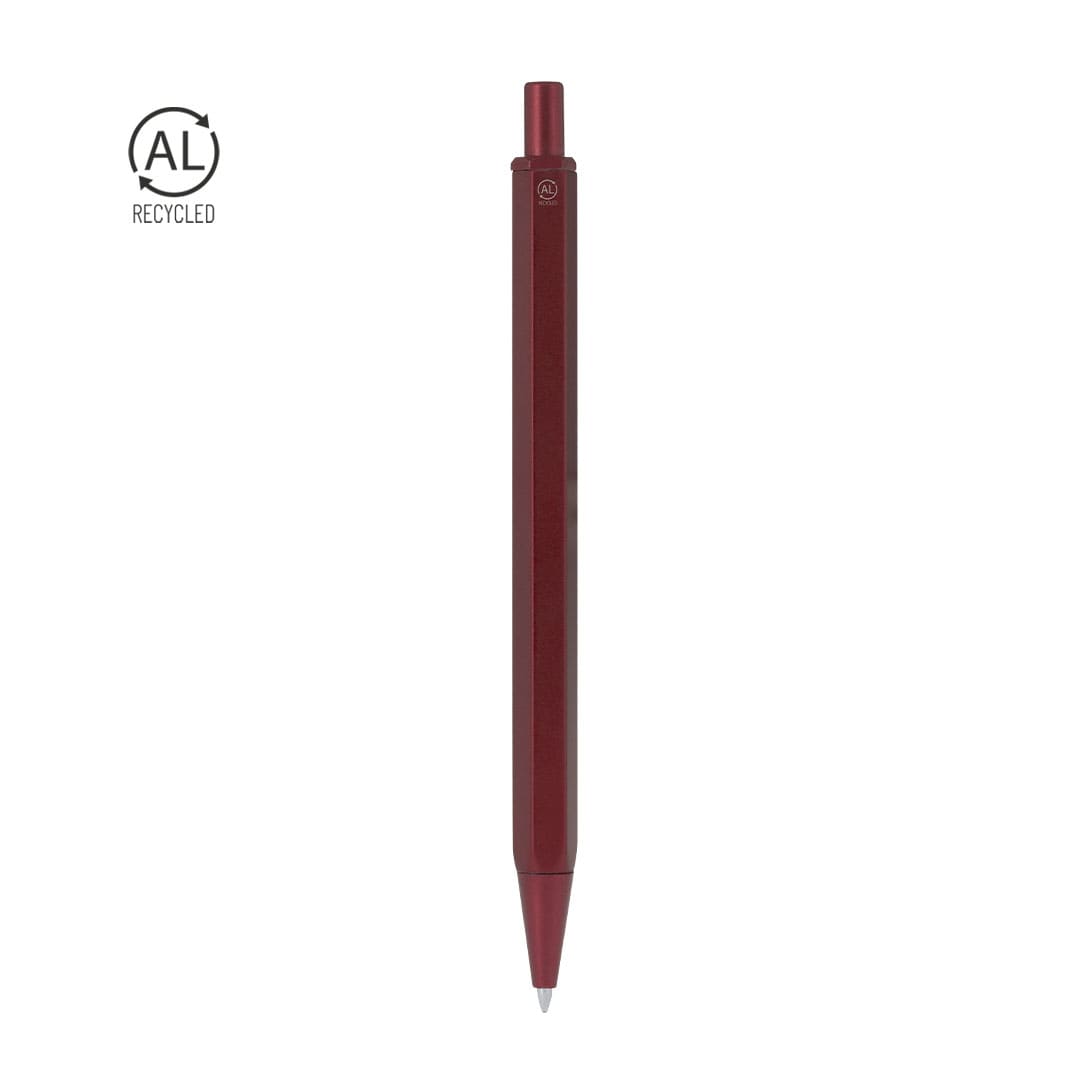 A maroon metal pen with a sleek design, featuring a logo and made from recycled materials. Tinful Pen - Image 1