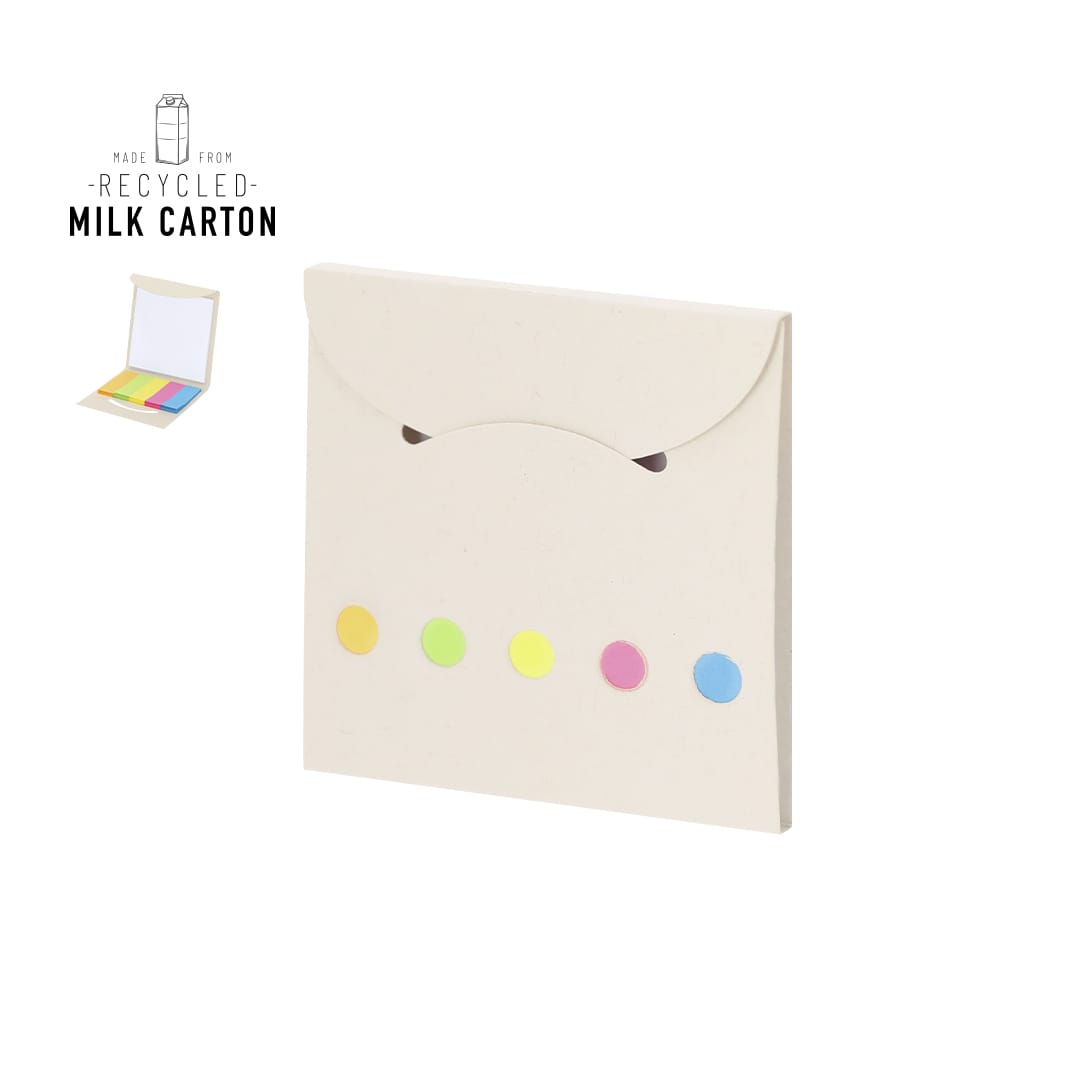 A cream notepad made from recycled materials, featuring a flap closure and colourful sticky notes on the front. Tesher Notepad - Image 1