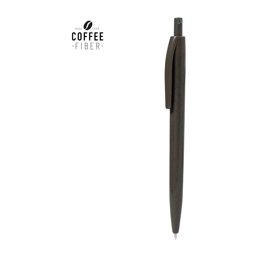 A brown pen with a sleek design, featuring a clip and made from coffee fibre, with a logo at the top. Meryen Pen - Image 1