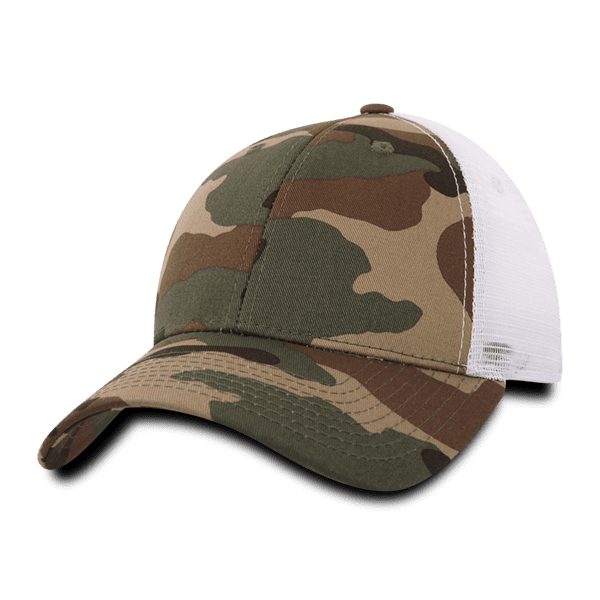 A camo trucker cap with a low-profile structure and a white mesh back. Perfect for casual wear. 6 Panel Low Profile Structured Camo Trucker - Image 1