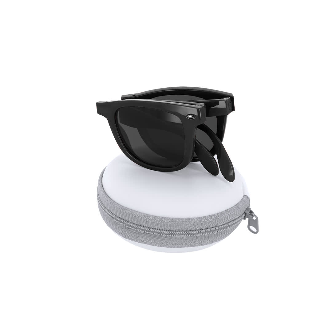 Black sunglasses resting on a round grey zippered case. The sunglasses have a classic design with dark lenses. Kenyad Sunglasses - Image 1