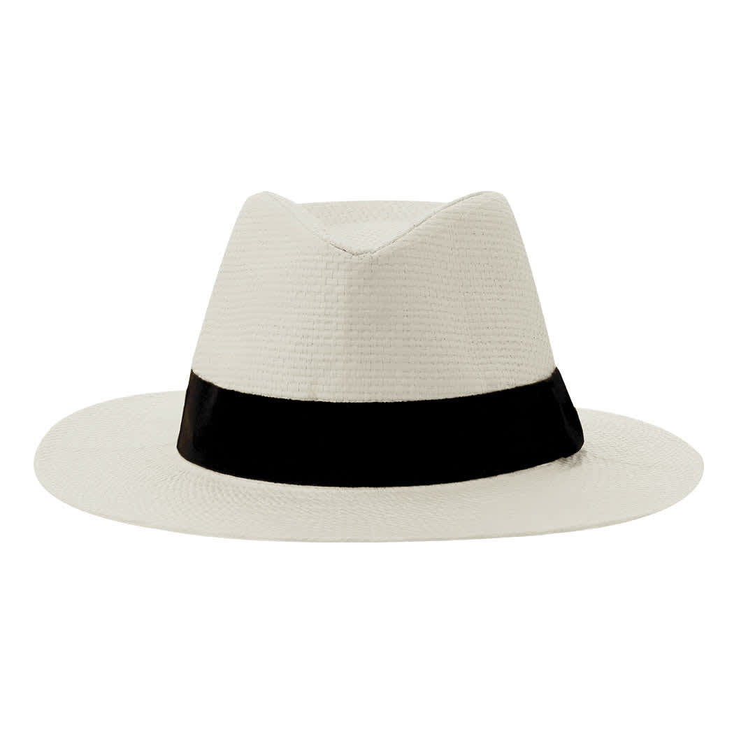 A white straw hat featuring a black band, designed for headwear use. It has a classic fedora shape and a logo. Klesnap Hat - Image 1