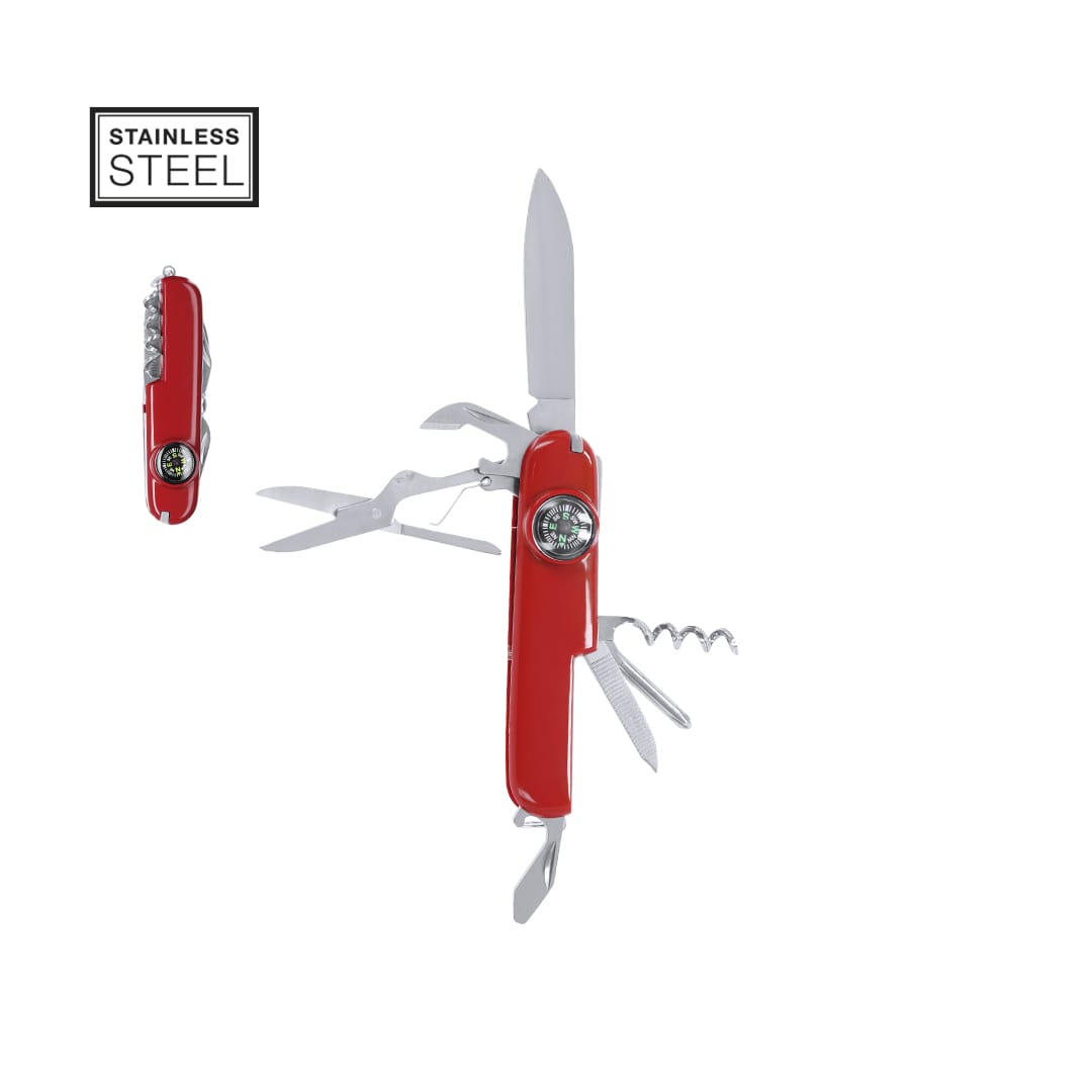 A red multifunction pocket knife featuring various tools, including a knife blade, scissors, and a corkscrew. It has a logo. Mixtil Multifunction Pocket Knife - Image 1