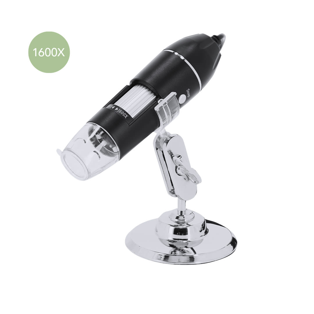 A black and silver microscope with a clear lens, mounted on a chrome stand, featuring a branding logo. Patsmi 1600X Microscope - Image 1