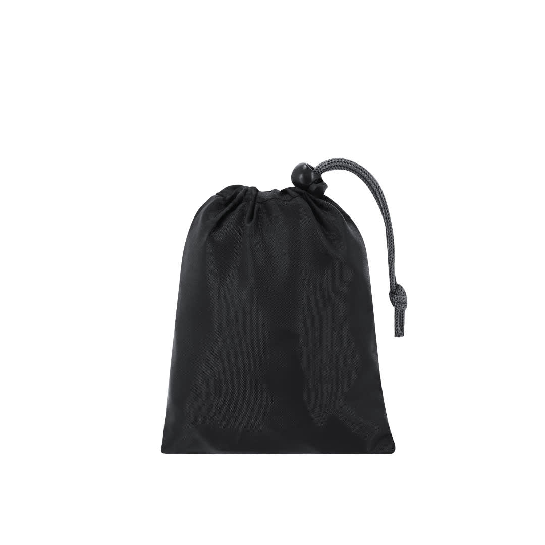 A black foldable backpack with a drawstring closure and a grey cord. It has a logo on the front. Xeblaz Foldable Backpack - Image 1