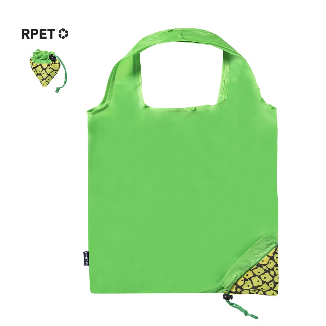 A bright green foldable reusable grocery bag with a packaged design featuring a pineapple pattern. It has a logo. Chenry Foldable Bag - Image 1