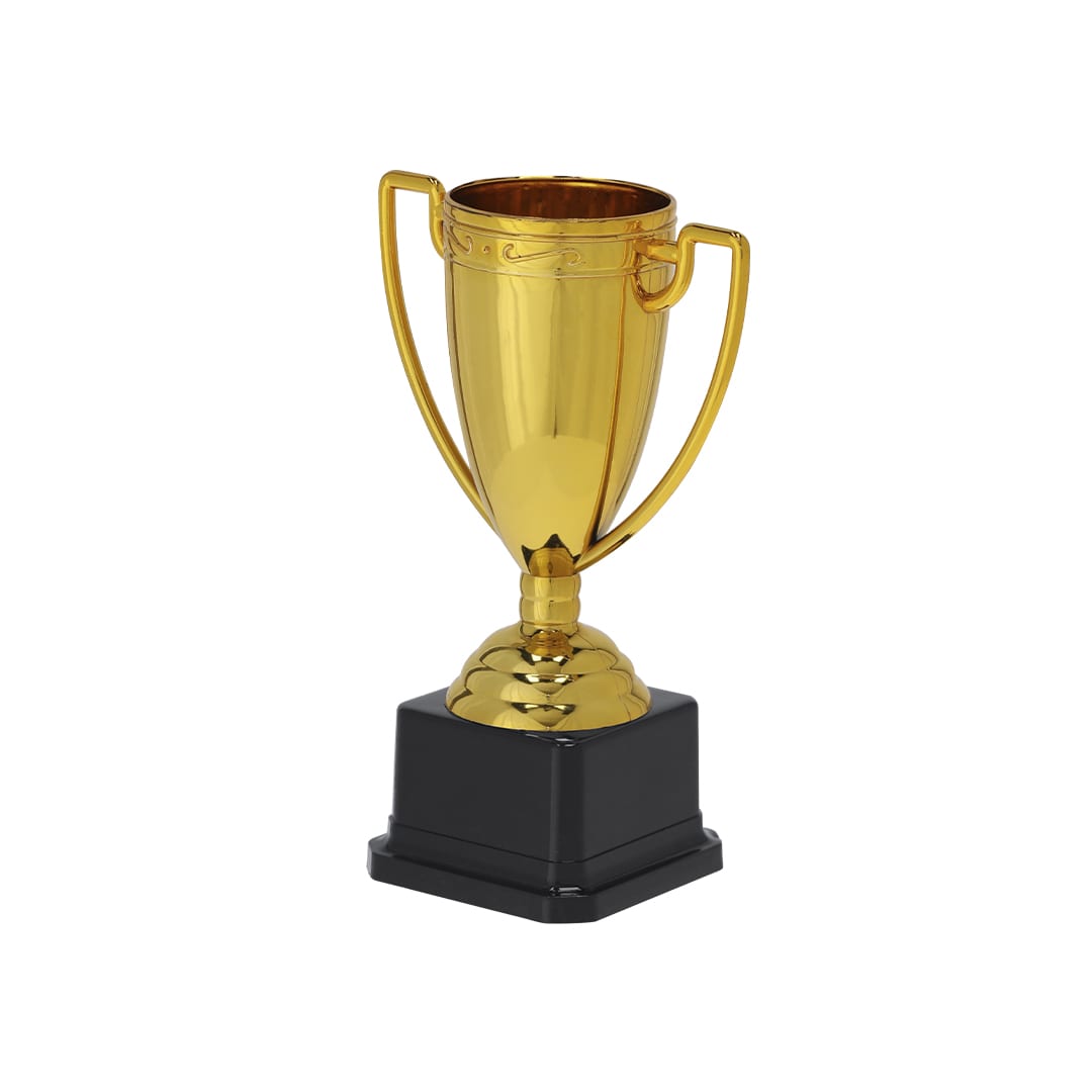 A gold trophy with two handles, resting on a black square base, featuring a shiny finish and intricate detailing. Plinar Trophy - Image 1