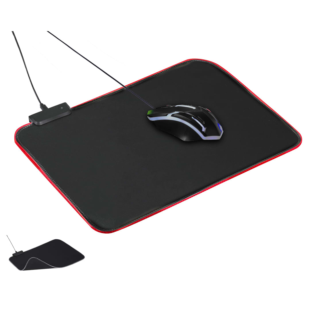 A black mousepad with red edging, featuring a wired gaming mouse on top. The mousepad has a sleek design and branding. Higgins Mousepad - Image 1