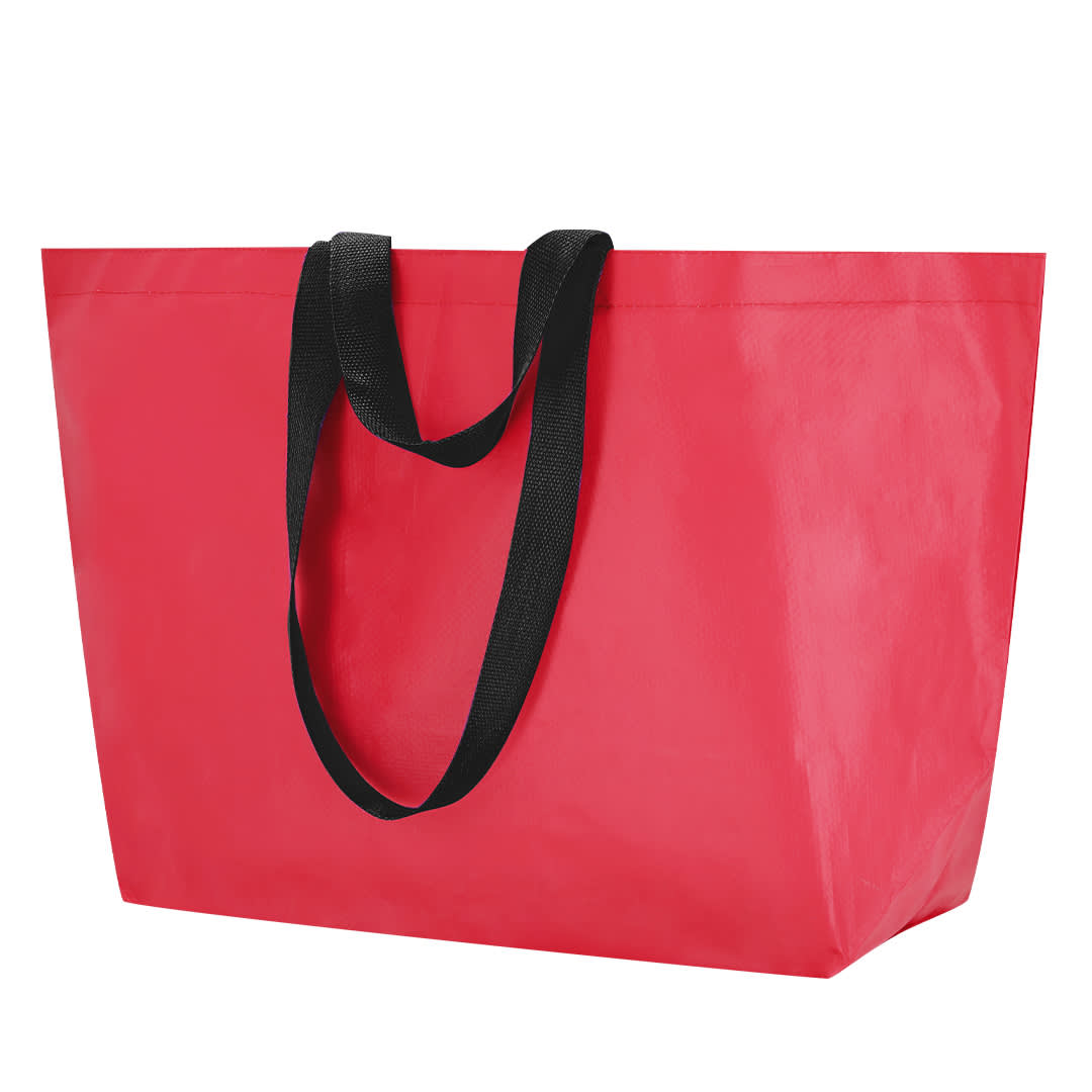 A large red reusable grocery bag with black handles and a solid design. It features a branding logo. Torvik Bag - Image 1