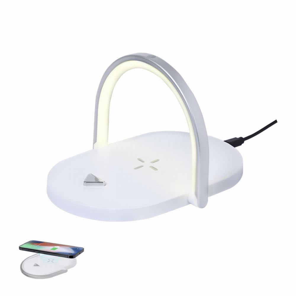 A charging station with a curved light feature, in white and silver, designed for wireless device charging. Cranston - Image 1