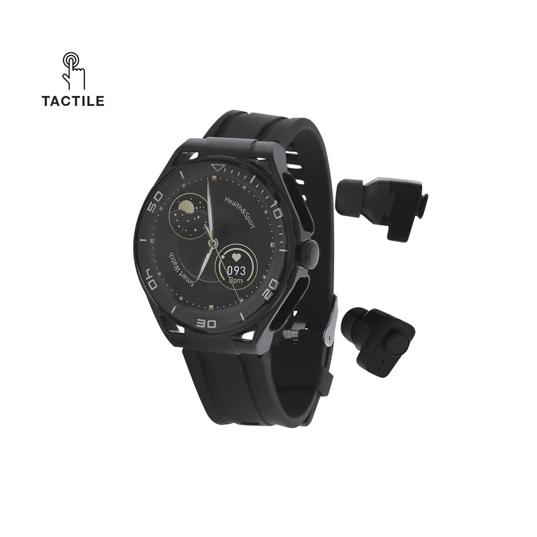A black smart watch with a round face and a silicone strap, accompanied by wireless earbuds. Klemen Smart Watch - Image 1