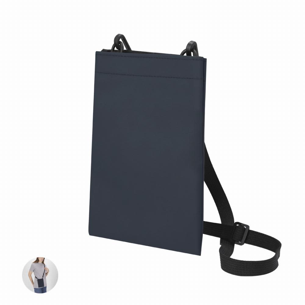 A navy promotional bag with adjustable straps and a simple design, featuring a front pocket and a branding logo. Crustyn - Image 1