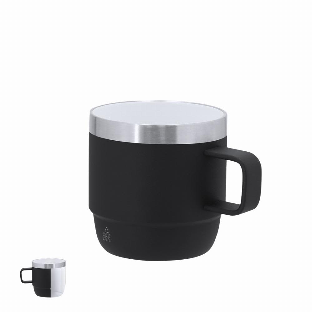 A drink bottle featuring a black body, silver lid, and a sturdy handle, with a branding logo on the side. Milayka - Image 1