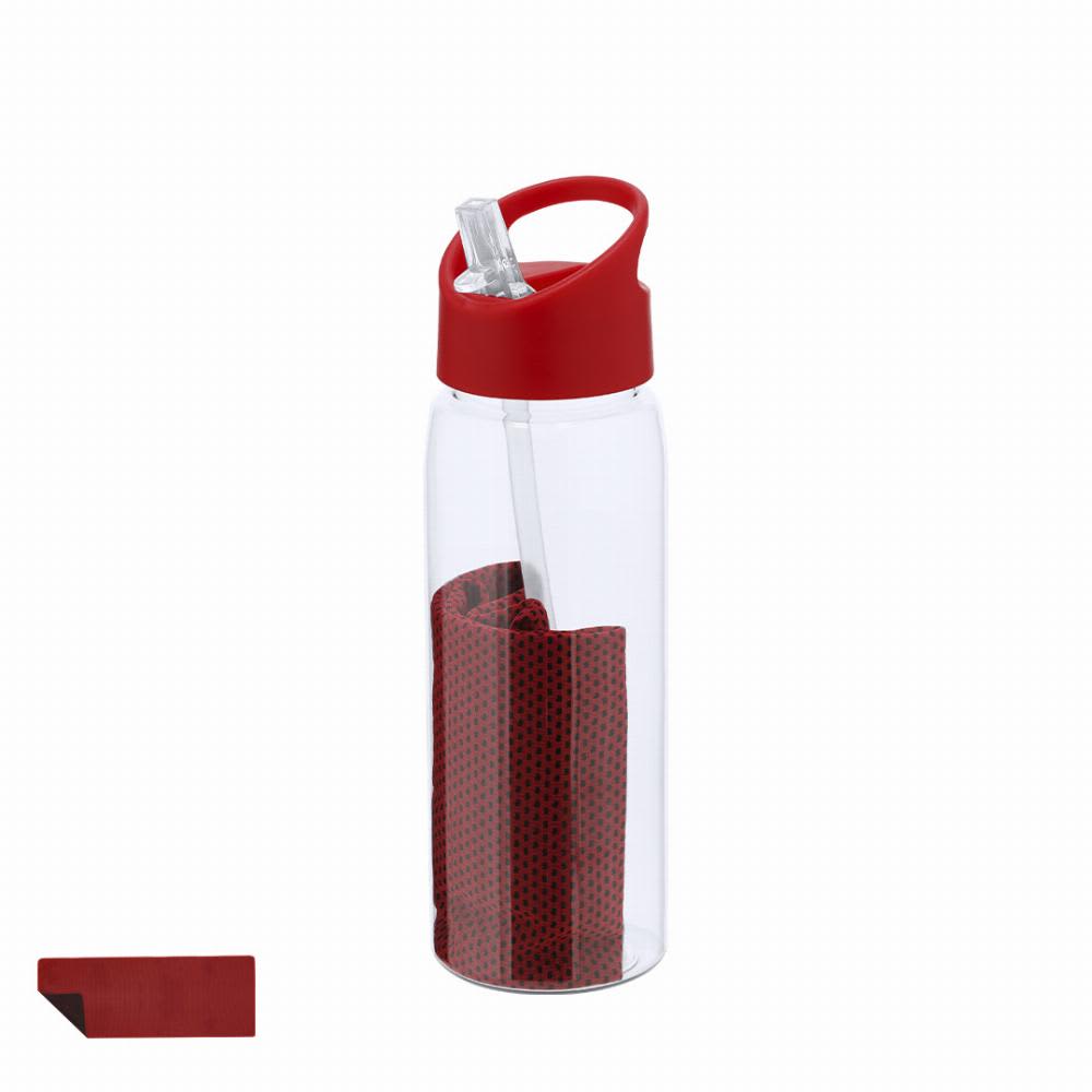 A drink bottle with a transparent body and a red lid, featuring a built-in straw and a red textured sleeve. Garyl - Image 1