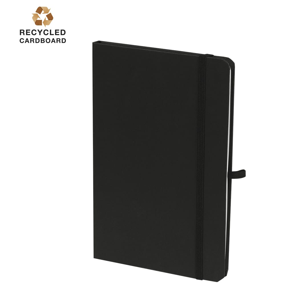 A black notepad made from recycled cardboard, featuring an elastic band and a binding. It has a logo on the top left. Bochum Notepad - Image 1