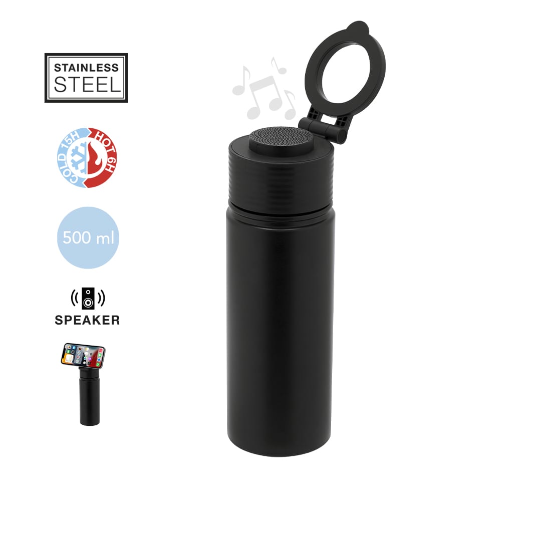 A drink bottle in black, made of stainless steel, featuring a speaker cap and a sleek design. Bundy Multifunction Insulated Bottle - Image 1