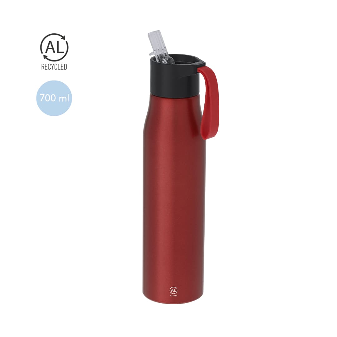 A drink bottle in shiny red aluminium with a black lid and a red handle, featuring a built-in straw. Thorup Bottle - Image 1