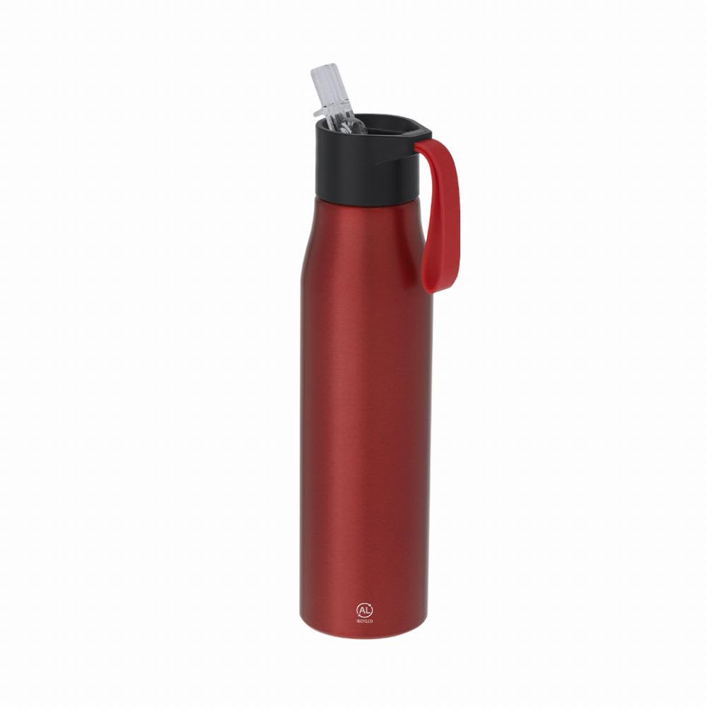 A drink bottle in a vibrant red colour with a black lid and a clear straw. It features a branding logo. Thorup - Image 1