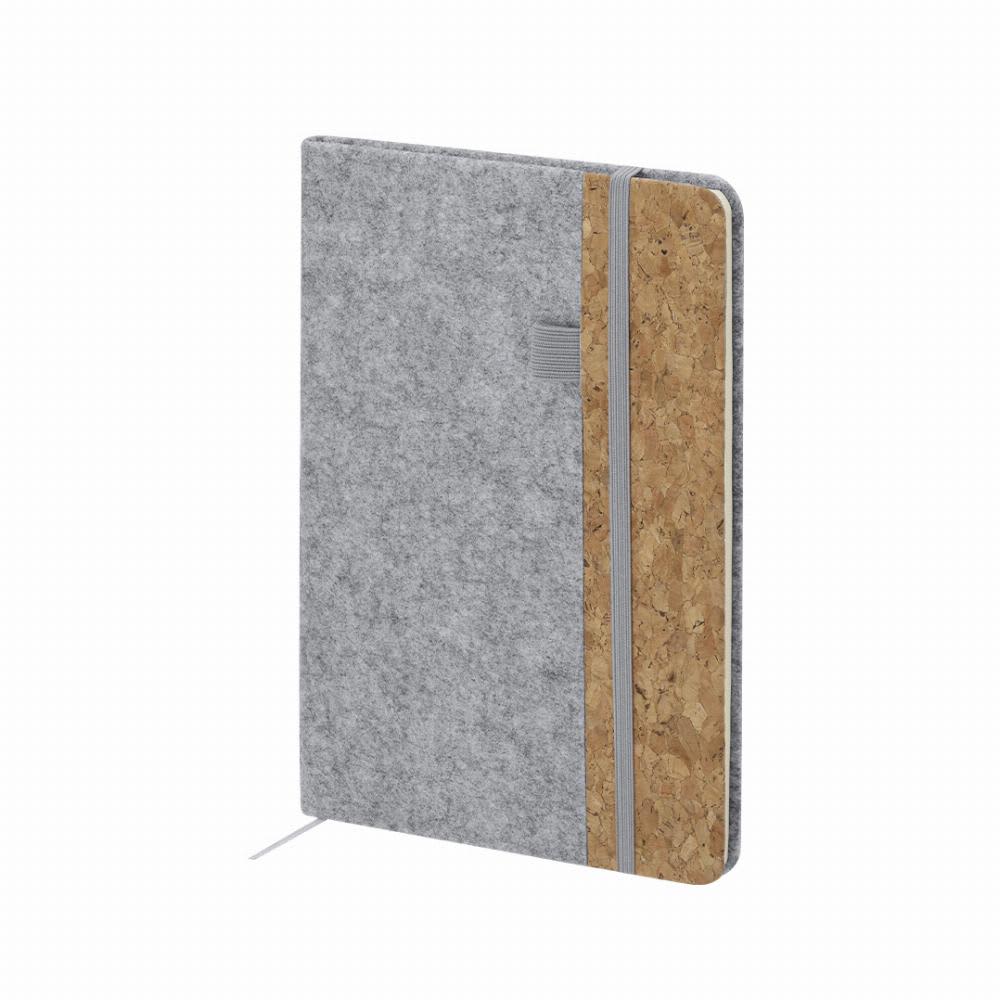 A grey notebook with a cork strip and an elastic band closure, featuring a logo on the cover. Driscol - Image 1