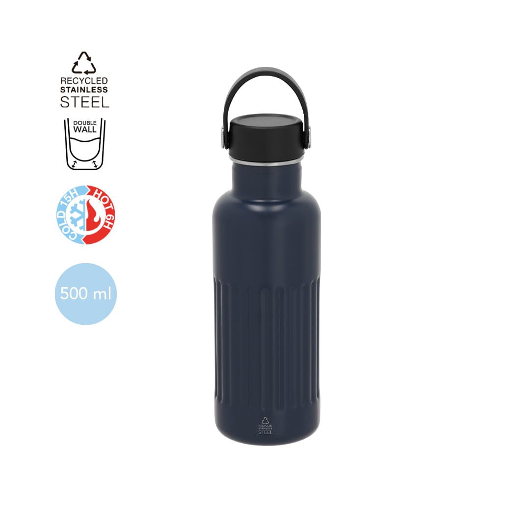 A drink bottle made of recycled stainless steel, featuring a navy blue finish and a double wall design. Welker Insulated Bottle - Image 1