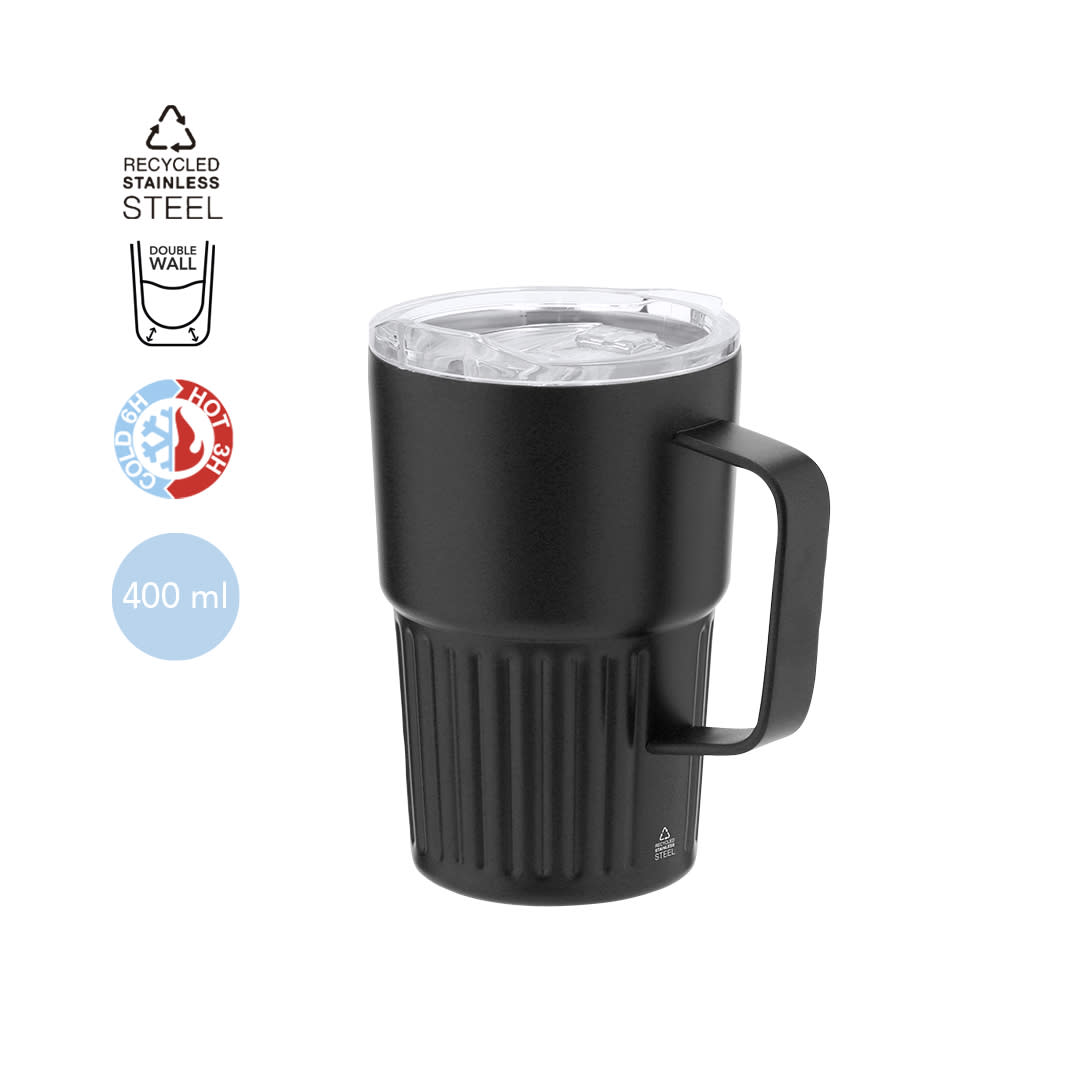 A black insulated mug made from recycled stainless steel, featuring a double wall and a clear lid. Finbar Insulated Mug - Image 1