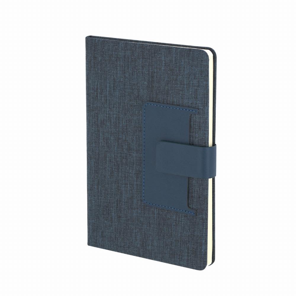 A notebook with a textured dark blue cover and a magnetic closure. It has a simple design and an elastic band. Flitfud - Image 1