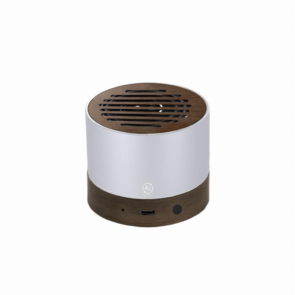 A portable speaker with a silver top and wooden base, featuring a logo and a speaker grille for sound projection. Kolin - Image 1