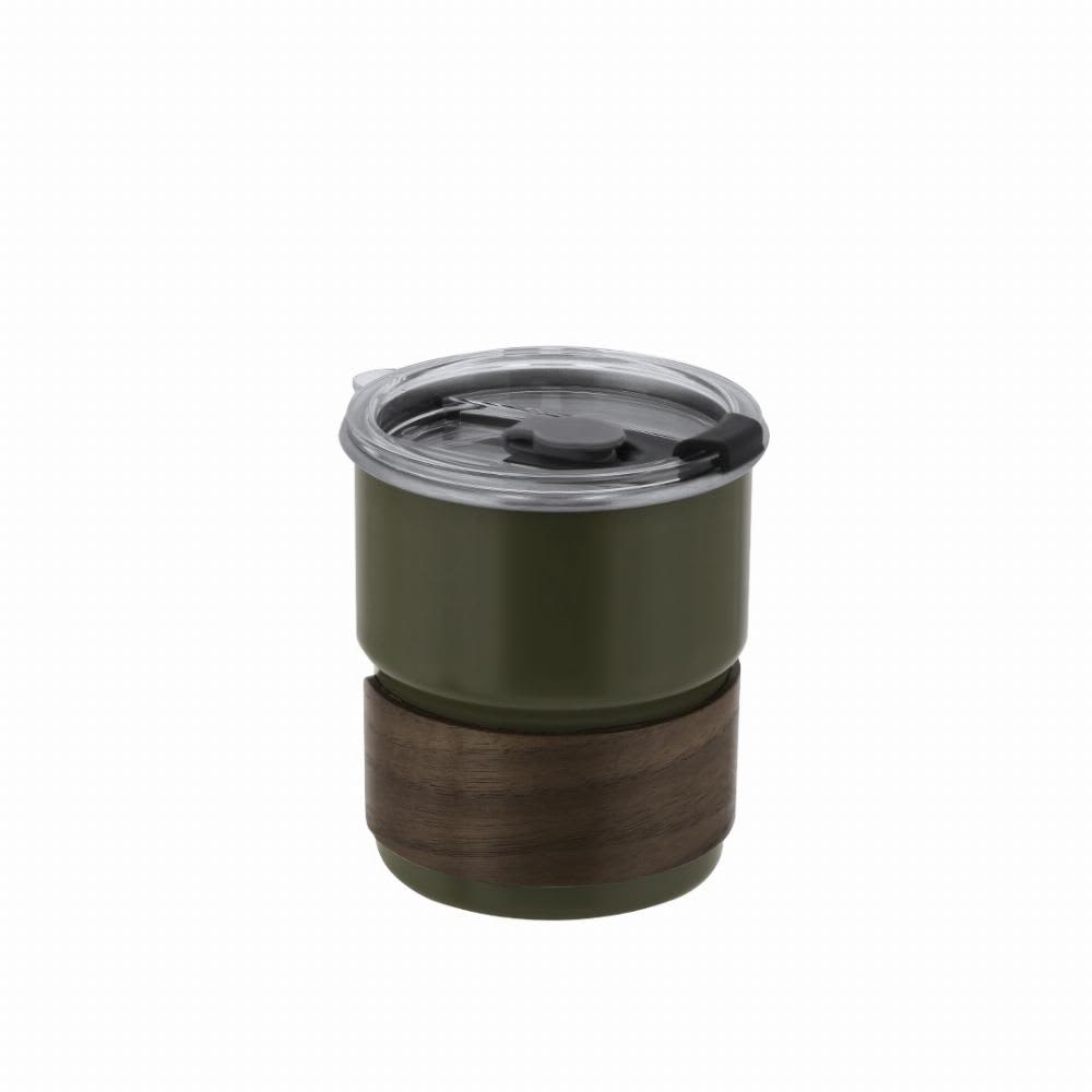 A drink bottle featuring an olive green body, a clear lid, and a wooden base. It has a logo on the side. Gasking - Image 1