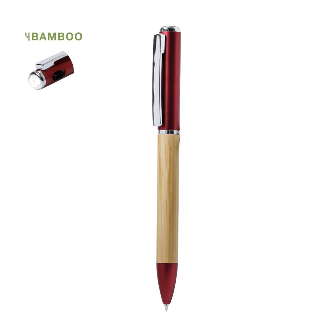 A red pen torch with a bamboo barrel and a chrome clip, featuring a small branding element. Telnay Pen Torch - Image 1