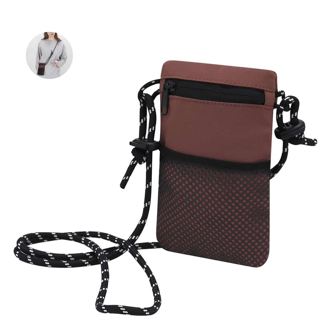A multipurpose bag in brown and black with a dotted pattern and a shoulder strap, featuring zippers and a logo. Veltox Multipurpose Bag - Image 1
