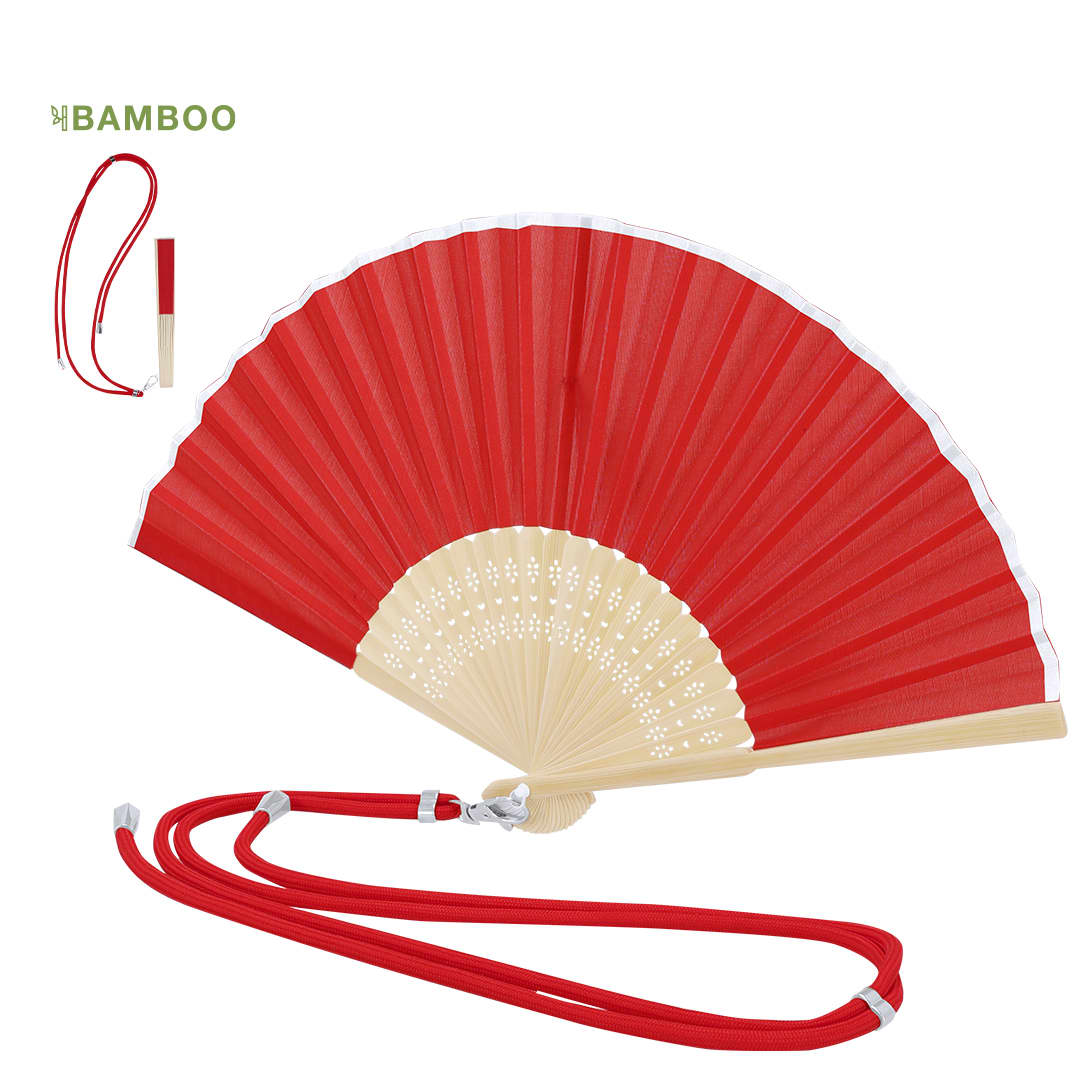A red hand fan with a bamboo frame and a matching red strap for easy carrying. Yanex Hand Fan - Image 1