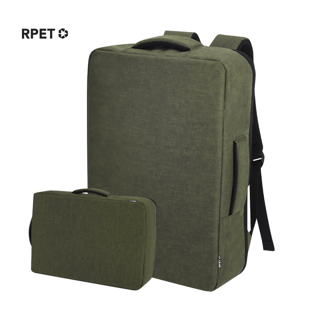 A green laptop backpack with a removable case, featuring a simple design and adjustable straps. Ghibli Backpack - Image 1