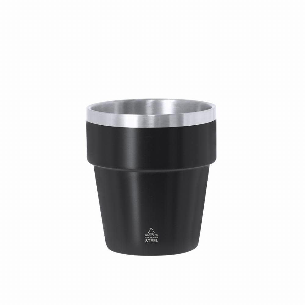 A drink bottle in a black, eco-friendly design with a stainless steel rim and a recycling logo on the base. Mayden - Image 1