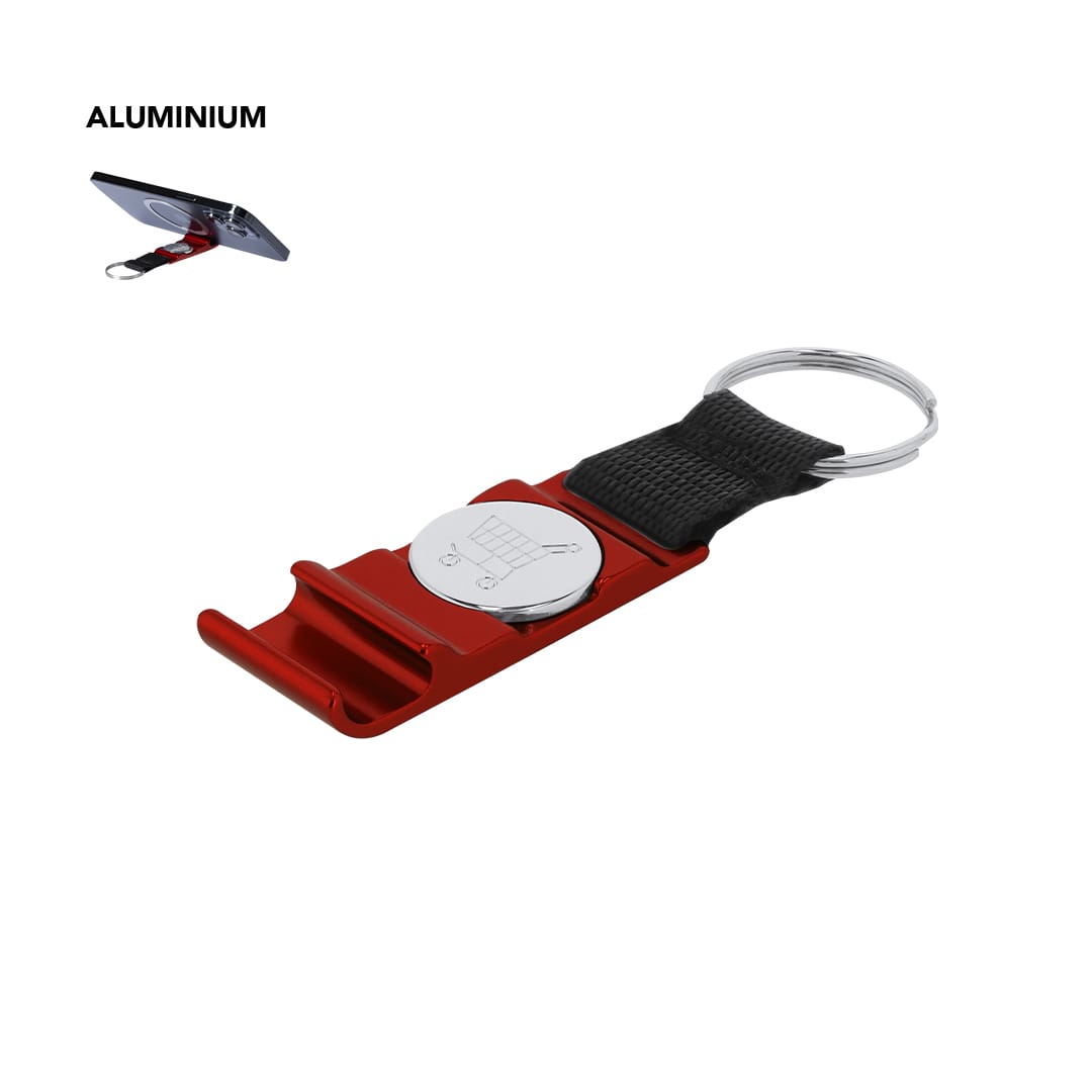 A red keyring featuring a silver coin and a black strap, designed for holding keys or small items. Nevin Holder Keyring Coin - Image 1