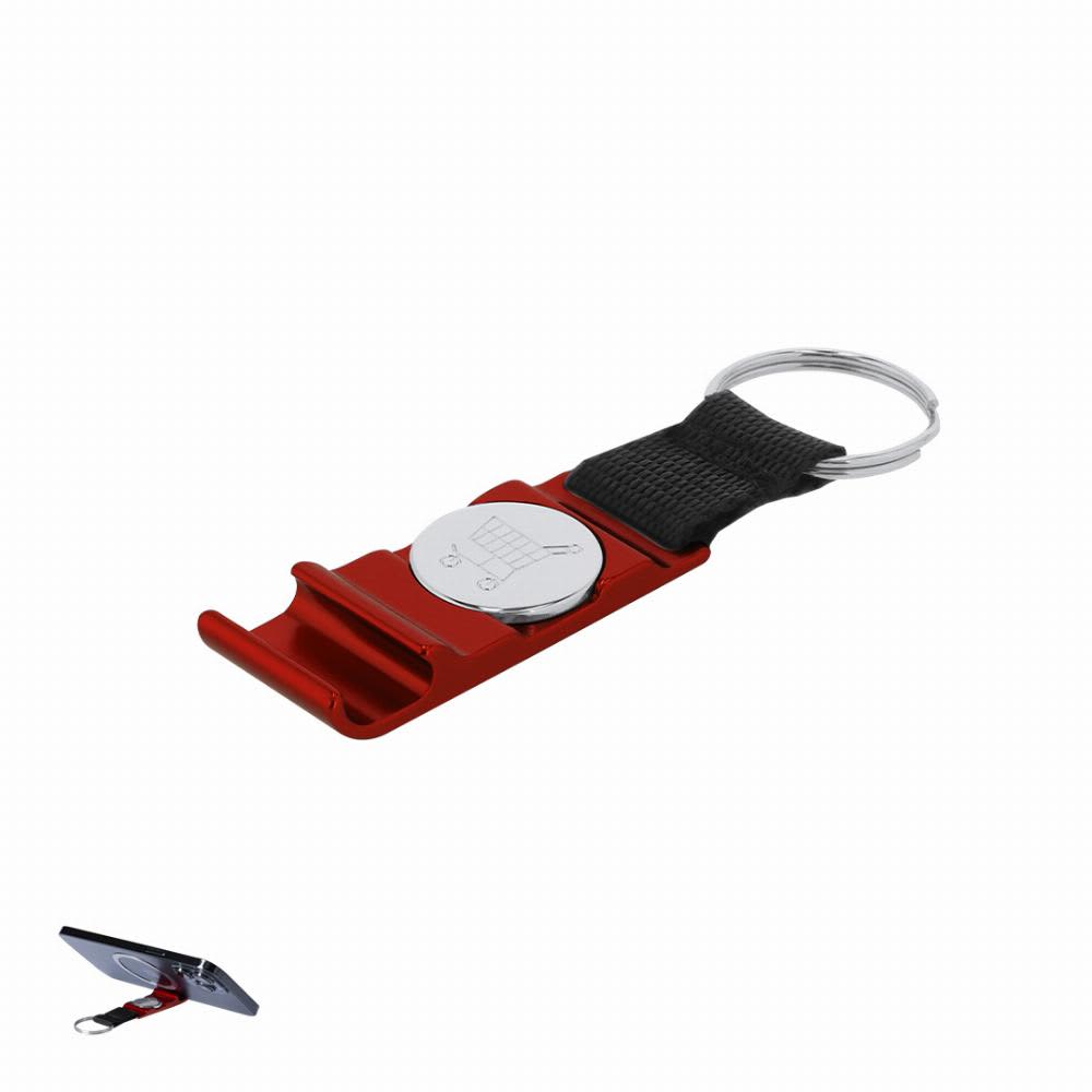 A red promotional keychain with a metal clip and a circular attachment, featuring a logo. Nevin - Image 1
